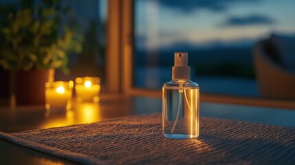 clear bottle of face mist on a spa table