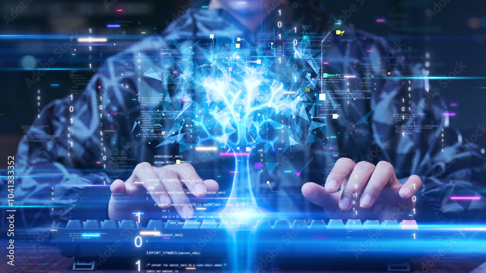 Fototapete A person typing on a keyboard with a glowing digital tree emerging from the screen, symbolizing the growth of artificial intelligence and data science, surrounded by binary codes and digital elements.