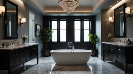 Fototapeta premium A modern bathroom with a freestanding bathtub, two sinks, and a large window. The walls are painted a dark grey color, and the floor is tiled with white marble.