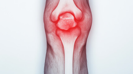 Fototapeta premium Detailed anatomical illustration of a human knee joint highlighting its structure, with a red hue to emphasize areas of interest, on a white background.