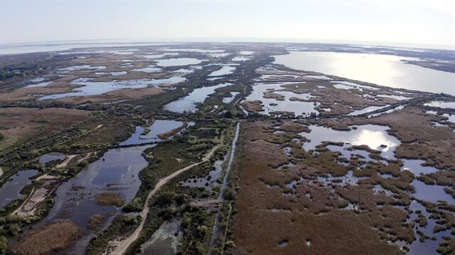 Aerial view of the Camargue landscape, in the Bouches du Rh&ocirc;ne, in Provence, France.