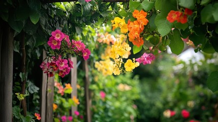Colorful Flowering Vines Draped Over Trellis