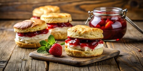 Silhouette of Classic Flaky Biscuits with Strawberry Jam and Clotted Cream on Rustic Wooden Table - Perfect for Food Lovers and Culinary Enthusiasts
