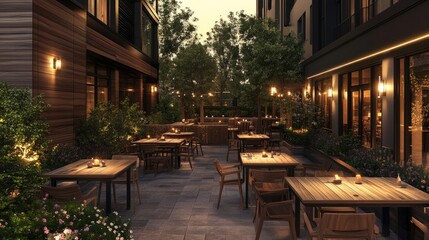 Building terrace with wooden tables and chairs, setting a cozy outdoor atmosphere ideal for evening relaxation.
