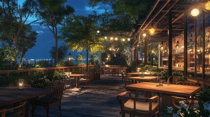 Building terrace with wooden tables and chairs, setting a cozy outdoor atmosphere ideal for evening relaxation.