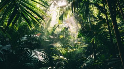 Naklejka premium Lush Dense Jungle with Hanging Vines and Tall Trees