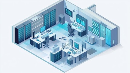 Naklejka premium Isometric tech office with computers, servers, and wires, giving a high-tech vibe in shades of blue and silver