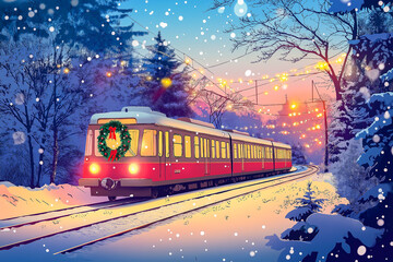 Obraz premium Winter christmas snowy train Santa, Christmas or New Year's card, design.