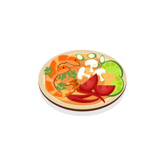 An illustration of Tom Yum, a typical Thai dish, a famous spicy and sour soup with fresh flavors from lemongrass, kaffir lime leaves, and chilies, usually served with shrimp or chicken.