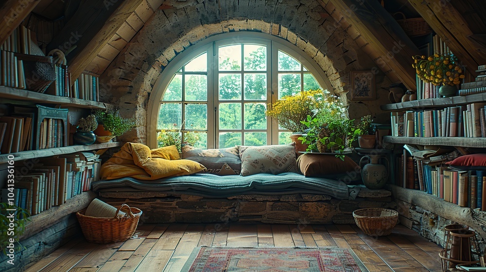 Wall mural A cozy reading nook in an attic with a large arched window, bookshelves, pillows, and plants.