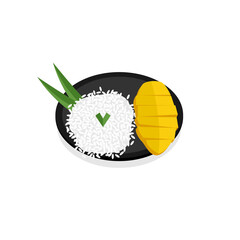 An illustration of Mango Sticky Rice, a typical Thai dessert, featuring a combination of sweet sticky rice, ripe mango, and coconut milk sauce.
