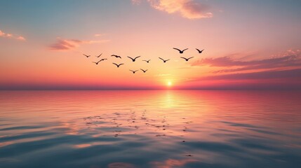 Obraz premium Flock of Birds Flying Above Calm Waters at Sunset