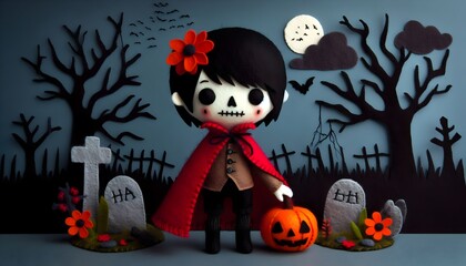 Felt Doll Skull Girl with Short Black Hair in Red Cape Holding Halloween Pumpkin &ndash; Walking Down a Dark Forest Grave Path with Storm Clouds, Handmade Quirky Style