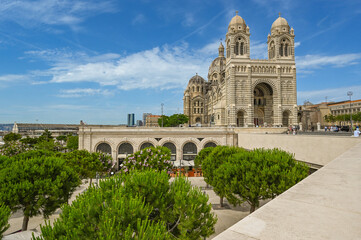 Fototapeta premium Marseille, France - March 25, 2024: View of the Cathedral Sainte-Marie-Majeure de Marseille or de la Major is a Roman Catholic cathedral, and a national monument of France, High quality photo