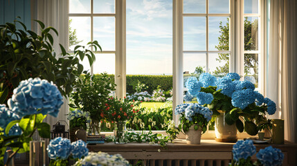 Fototapeta premium Beautiful Garden View Living Room Cozy Blooming Hydrangeas Lush Greenery Natural Sunlight Summer Morning bright large wondow flower floral relax luxury indoor plant countryside peaceful dawn sun blue 