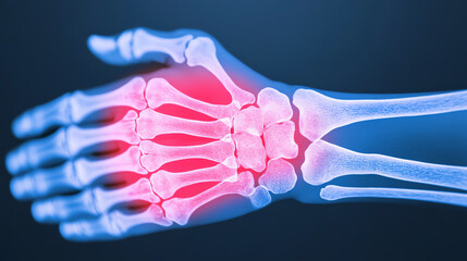 X-ray image of a human hand highlighting the skeletal structure and joint areas with a focus on the wrist, against a deep blue background.