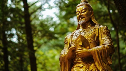 Obraz premium Weathered Golden Statue of Ancient Warrior in Forest
