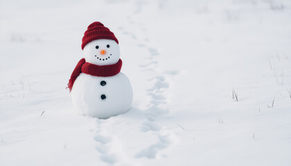 Obraz premium A cheerful snowman wearing a red hat and scarf stands on a snowy landscape, surrounded by fresh snow and footprints leading away.