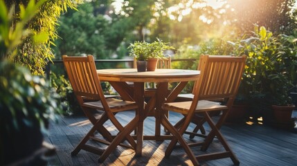 Obraz premium Wooden patio furniture on a terrace, offering an inviting outdoor space perfect for dining and relaxing.