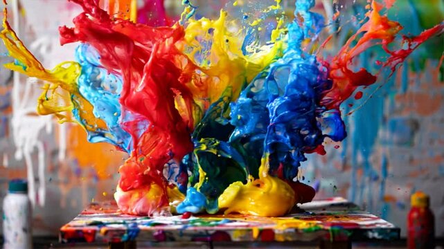 Vibrant splashes of paint create dynamic explosion of color, showcasing artistic creativity with vivid reds, blues, and yellows that evoke joy and movement.