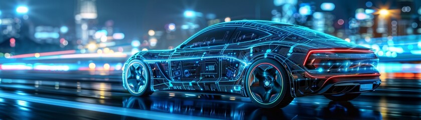 Futuristic Car Design Concept with Neon Lights in City at Night.