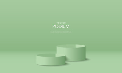 3D podium background. Realistic level green cylinder pedestal set with light and shadow scene. Abstract composition in minimal design. Platforms mockup product display presentation. Stage showcase.