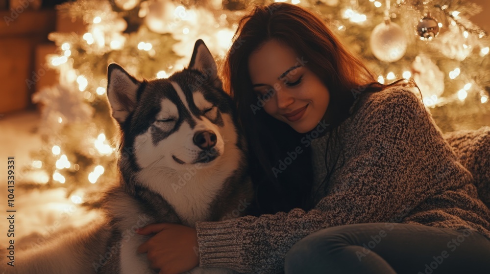 Poster a woman wearing a grey sweater is sitting next to a christmas tree. she is smiling and hugging a hus
