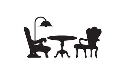 A set black and white silhouette Furniture collection isolated on a white background.