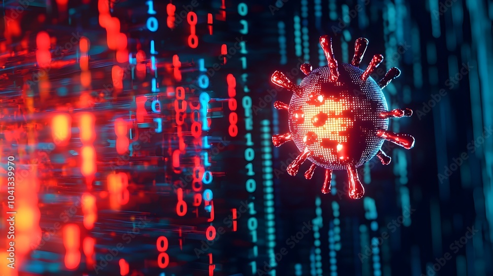 Poster glowing digital virus icon with streaming binary code symbolizing cybersecurity threats