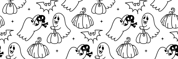 Halloween doodle pattern. Spooky character, bat and pumpkin outline background. Cute ghost for fun holiday. For printing, wrapping paper, wallpaper, fabric. Vector hand drawn illustration.