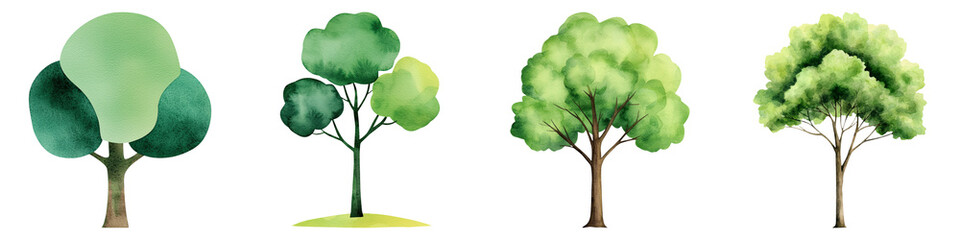Fototapeta premium A colorful illustration featuring four distinct trees, showcasing variations in shape and foliage against a black background.