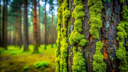 Fototapeta premium Thick Green Lichens on Tree Trunk - Low Light Nature Photography, Forest Background, Textured Bark, Macro Detail, Organic Growth, Natural Decor, Botanical Texture, Environmental Beauty