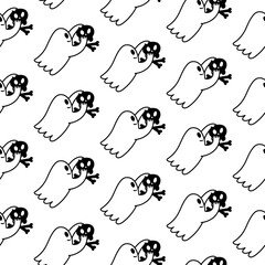 Halloween doodle ghost seamless pattern. Cute poltergeist with skull. Spooky cartoon characters. Halloween party background with monsters. Vector illustration for wallpaper.