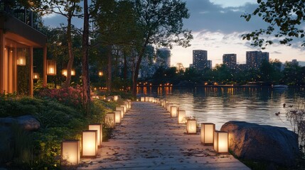 Obraz premium Serene Lakeside Pathway at Dusk with Lanterns