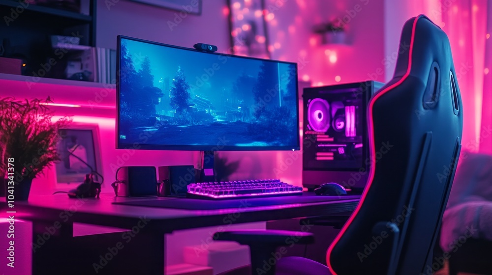 Aufkleber A computer setup with a large monitor and a black chair
