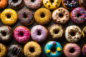Lots donuts, each topped with different toppings like sprinkles, nuts, and glaze. Generative AI