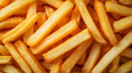 A close-up view of crispy golden french fries piled together on a rustic surface, showcasing their texture and coloration, perfect for culinary themes.