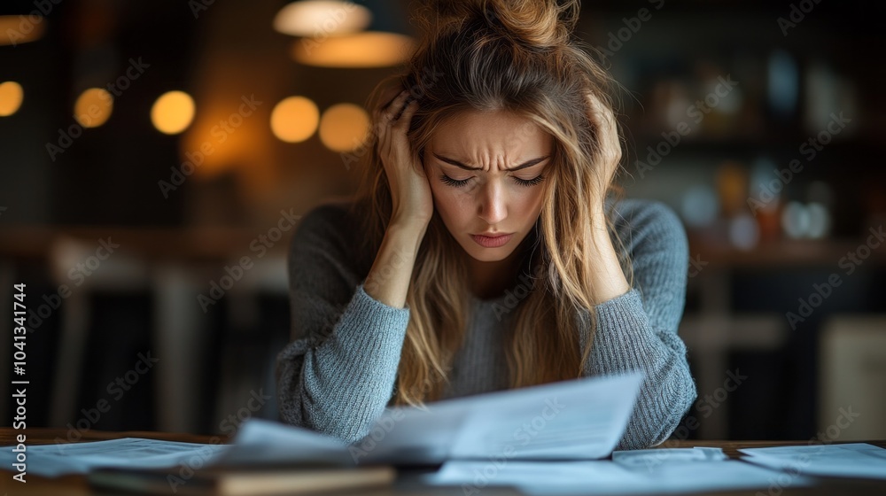 Poster a woman is sitting at a table with a stack of papers in front of her