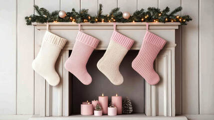 A cozy fireplace adorned with four pink and white stockings, surrounded by festive decorations and candles, creating a warm holiday atmosphere.