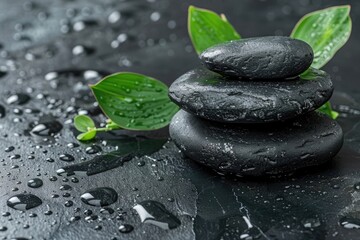 Black stones stacked on top of each other, with green bamboo leaves and water drops in the background
