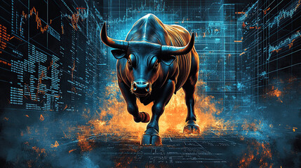 a bull charging forward in a stock market charts background