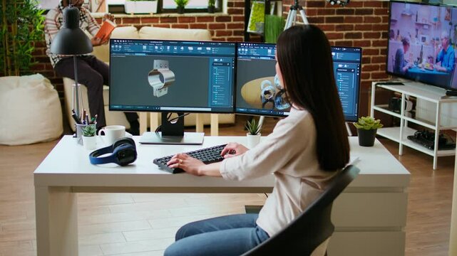 Professional industrial designer working with CAD software on dual monitors, creating 3D prototypes for a tech driven environment. 3D modeling software for innovative design. Camera A.