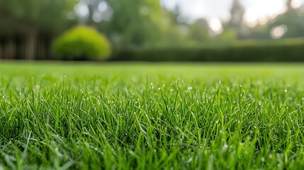 Naklejka premium Lush green grass under soft morning light with dewdrops – a perfect nature scene for relaxation and inspiration