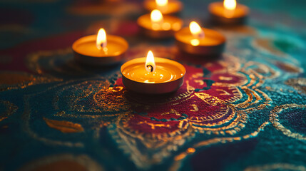 A close-up view of intricate rangoli patterns illuminated by glowing diyas celebrating festivity and culture in vibrant colors