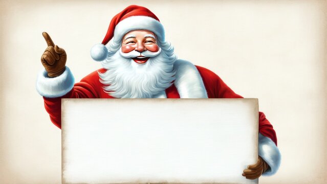 Weihnachtsmann pr&auml;sentiert ein leeres Schild, ideal f&uuml;r weihnachtliche Botschaften und festliche Gr&uuml;&szlig;e, vor neutralem Hintergrund. Generative KI.
