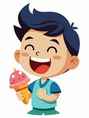 A kid eating a cone ice cream with very happy laughing face looking into the camera on white background 