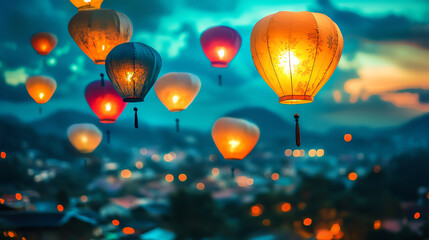 Obraz premium Floating glowing lanterns illuminating the night sky a captivating festival of light and color in a vibrant atmosphere