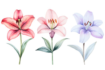 Fototapeta premium Watercolor lily flowers collection isolated on a white background