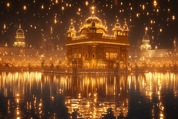 Fototapeta premium Majestic temple illuminated by thousands of lamps radiating a golden glow across the serene waters