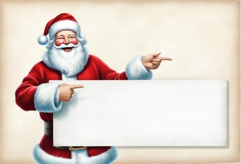 Naklejka premium Lachender Weihnachtsmann zeigt auf ein großes, leeres Banner, ideal für weihnachtliche Grüße und festliche Botschaften, vor neutralem Hintergrund. Generative KI.